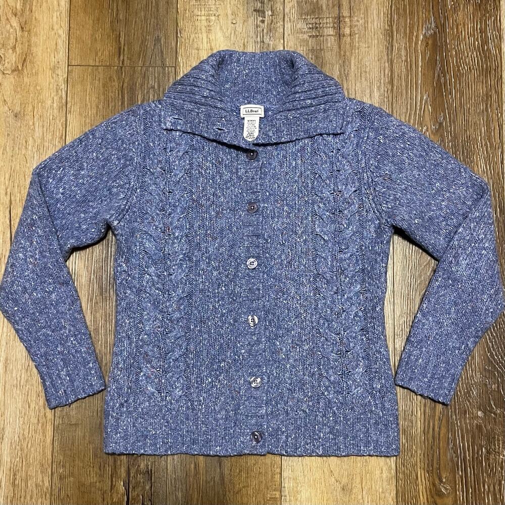 LL Bean Wool Cable Knit Cardigan Sweater Womens M Blue Fisherman Preppy Cottage - Picture 1 of 7